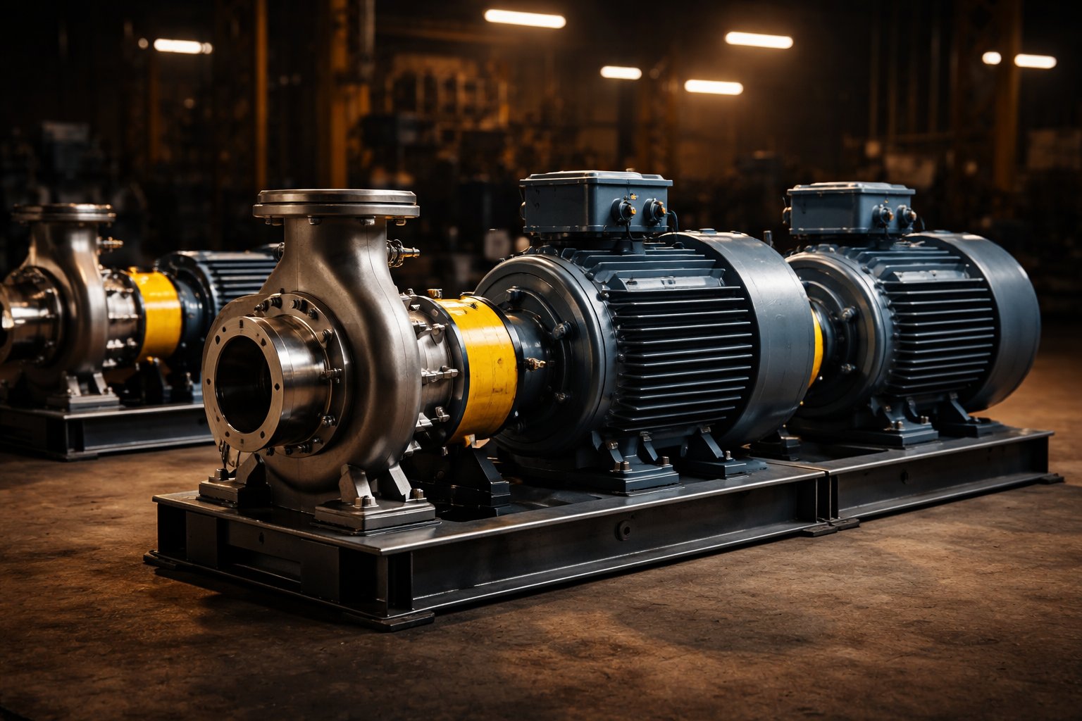 Industrial centrifugal pumps and electric motors in a warehouse