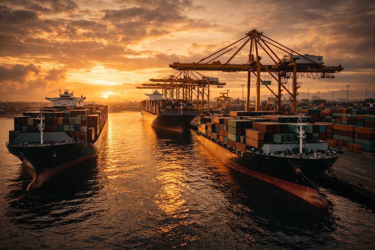 Container ships at port at golden hour